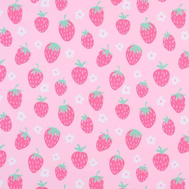 Pattern of pink strawberries with green leaves on a pink background