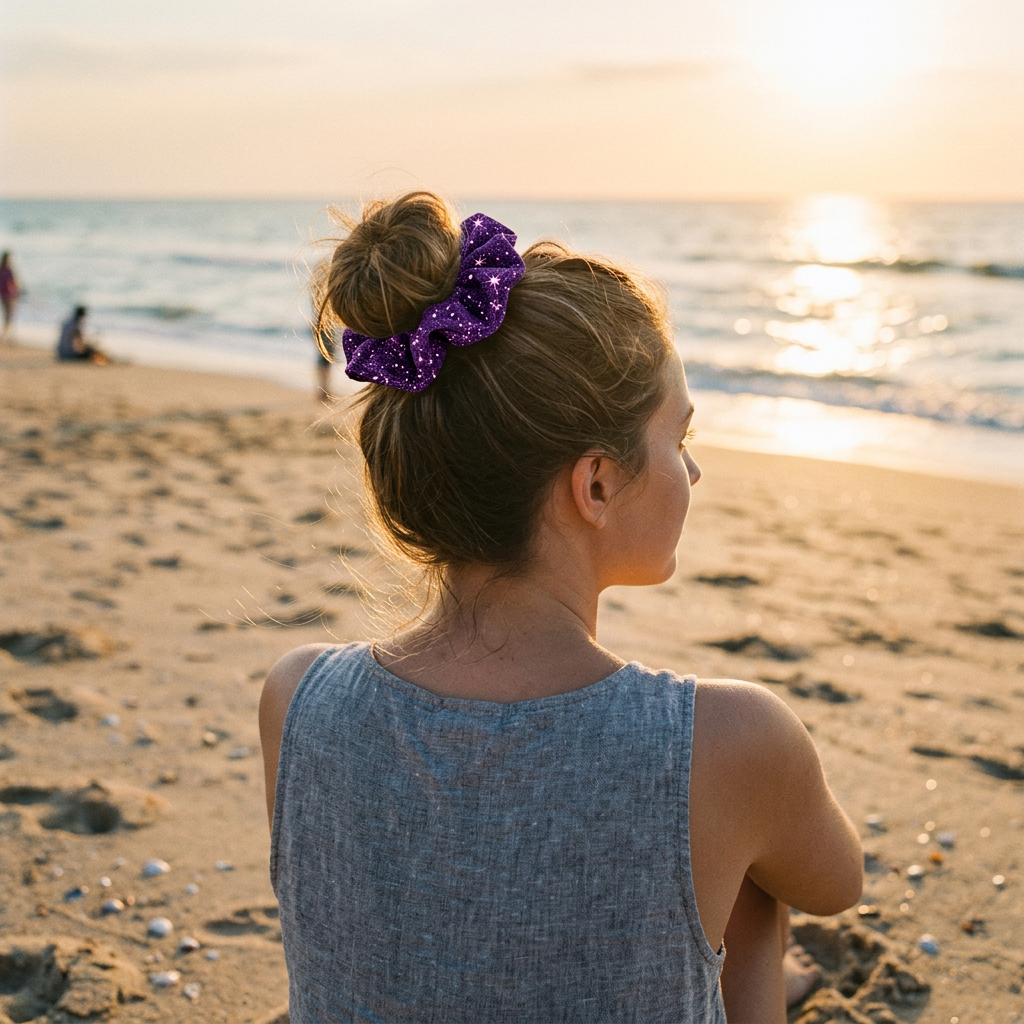 Girl with a purple swim scrunchie sitting on a beach at sunset