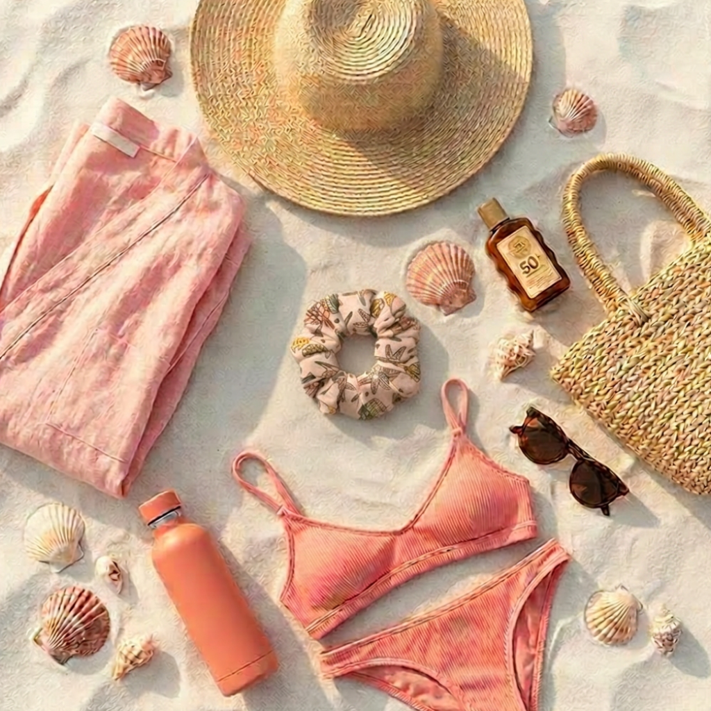 Beach-themed items including a bikini, hat, bag, and sunblock on sand with shells.