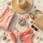 Beach-themed items including a bikini, hat, bag, and sunblock on sand with shells.