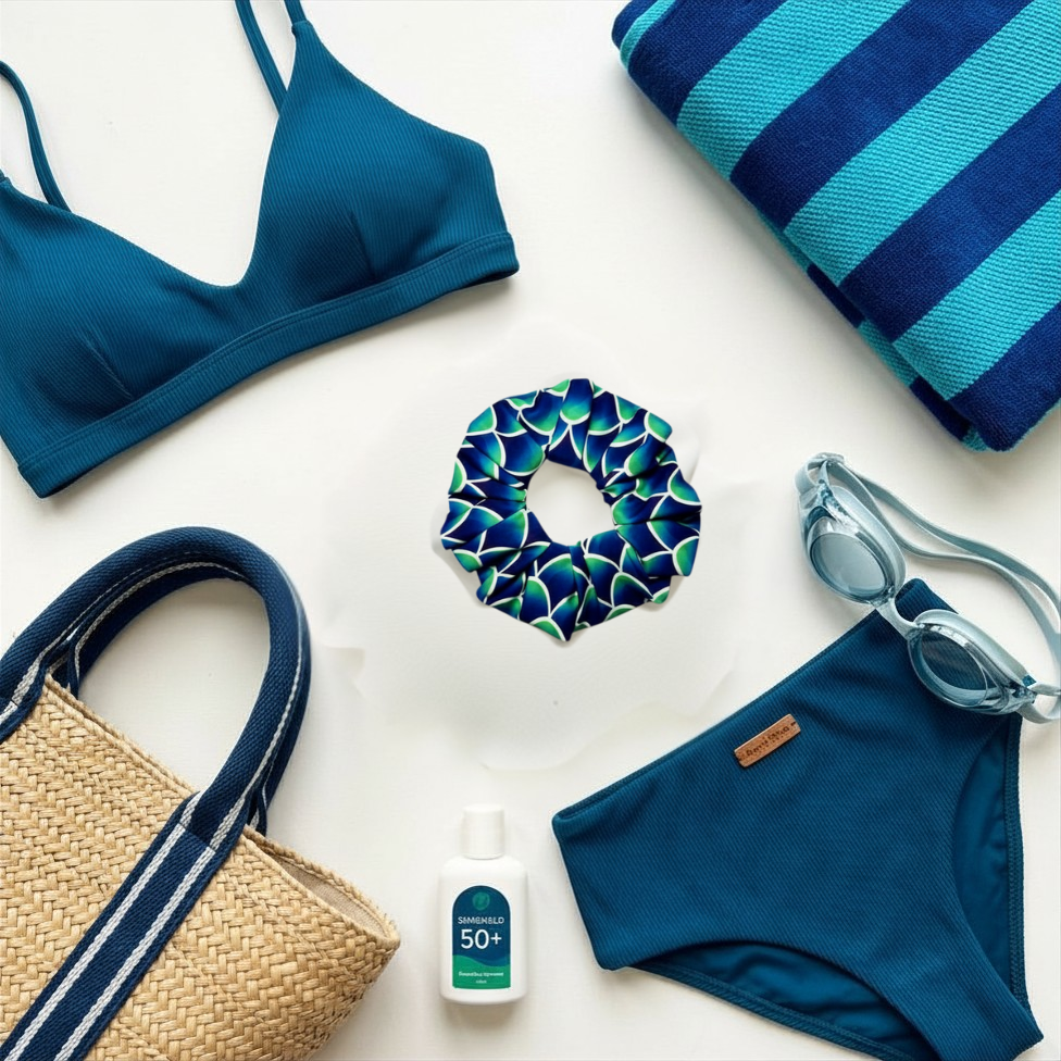 Blue swimwear set with accessories on a white background