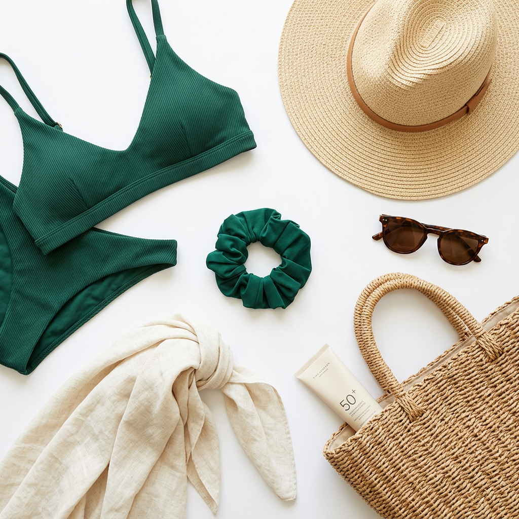 Green bikini set with accessories including a hat, scrunchie, sunglasses, and bag on a white background