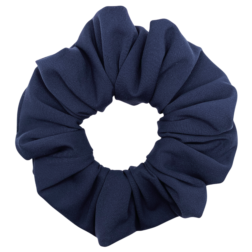 Navy blue scrunchie on a white background