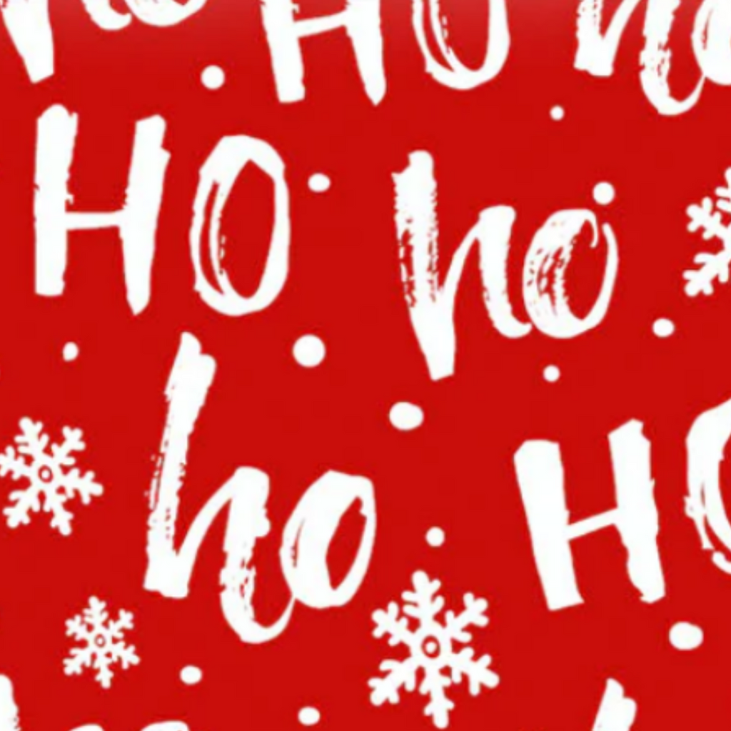 Red fabric with 'HO ho ho' text and snowflakes pattern