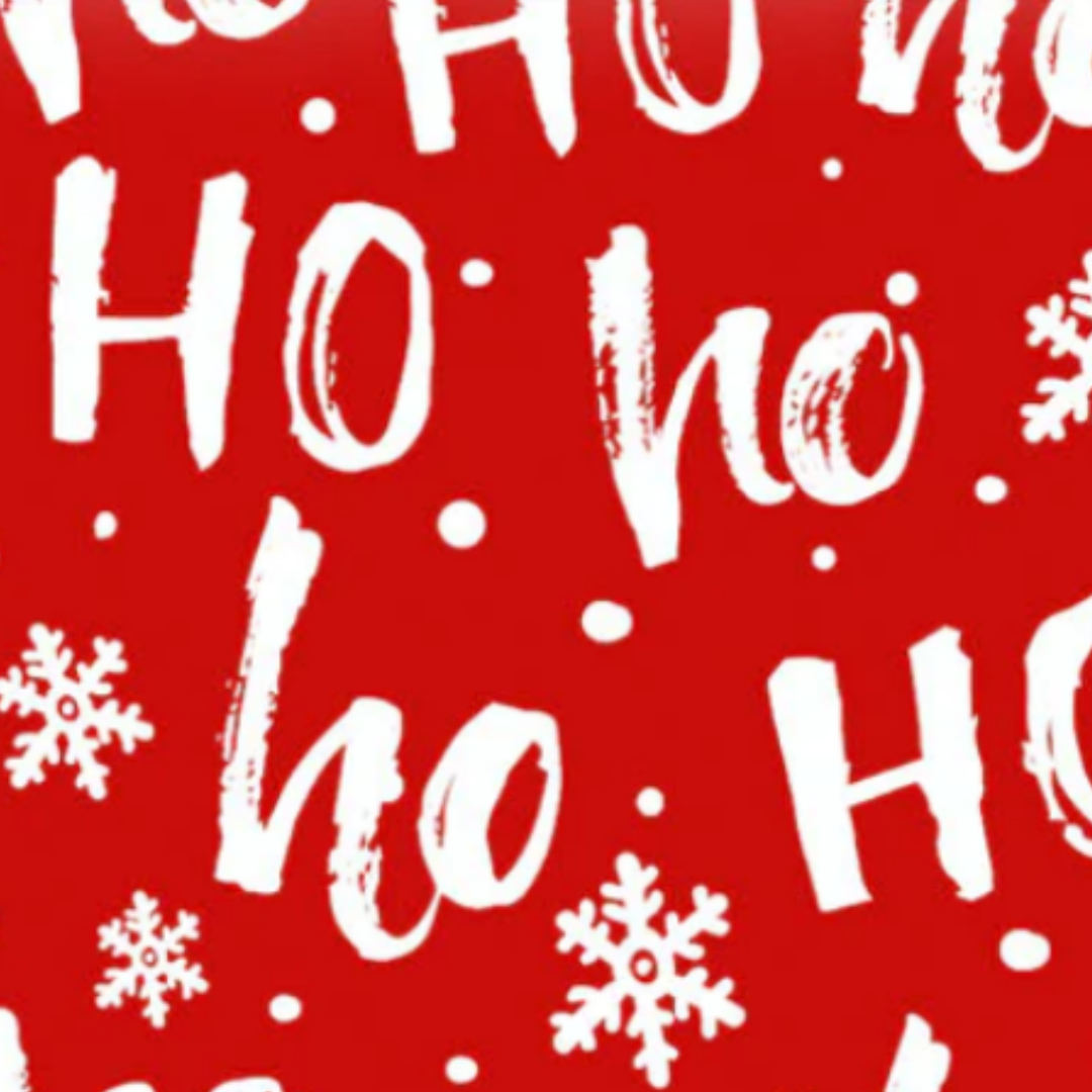 Red fabric with 'HO ho ho' text and snowflakes pattern