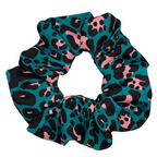 Teal swim scrunchie with pink and black leopard print pattern on a white background
