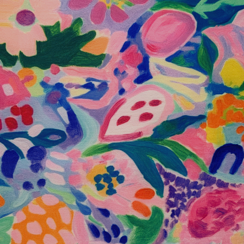Colourful abstract floral fabric used for swim scrunchie