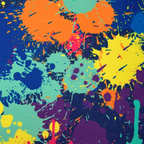 Colourful abstract splatter pattern on a blue background
