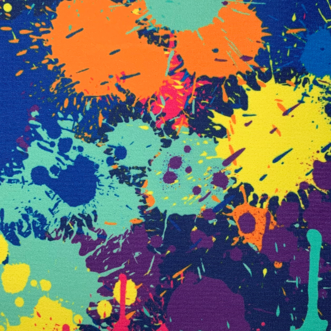 Colourful abstract splatter pattern on a blue background