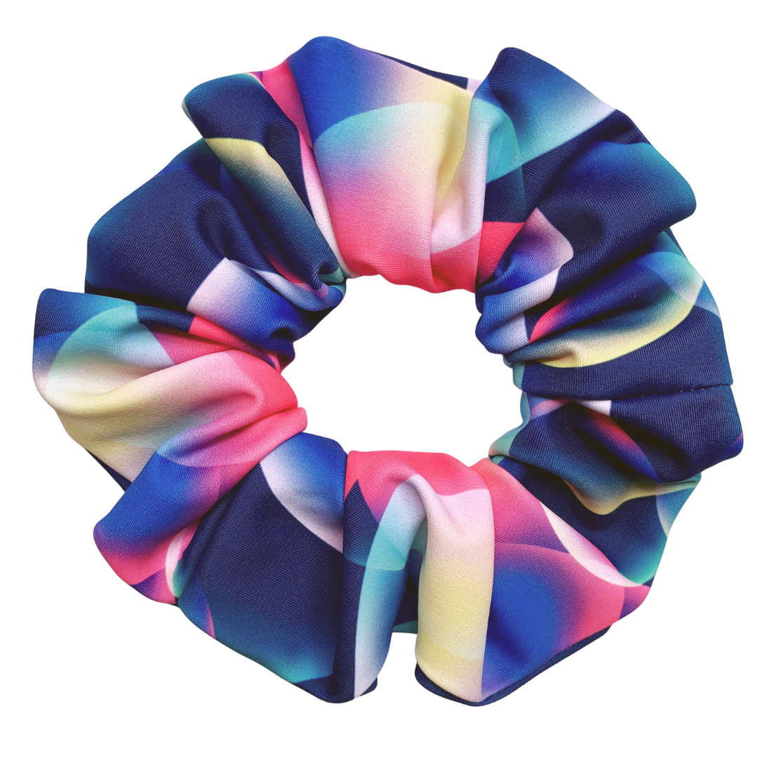 Neon bubble pattern swim scrunchie on a white background
