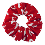 Christmas Red swim scrunchie with white ho ho ho patterns on a white background