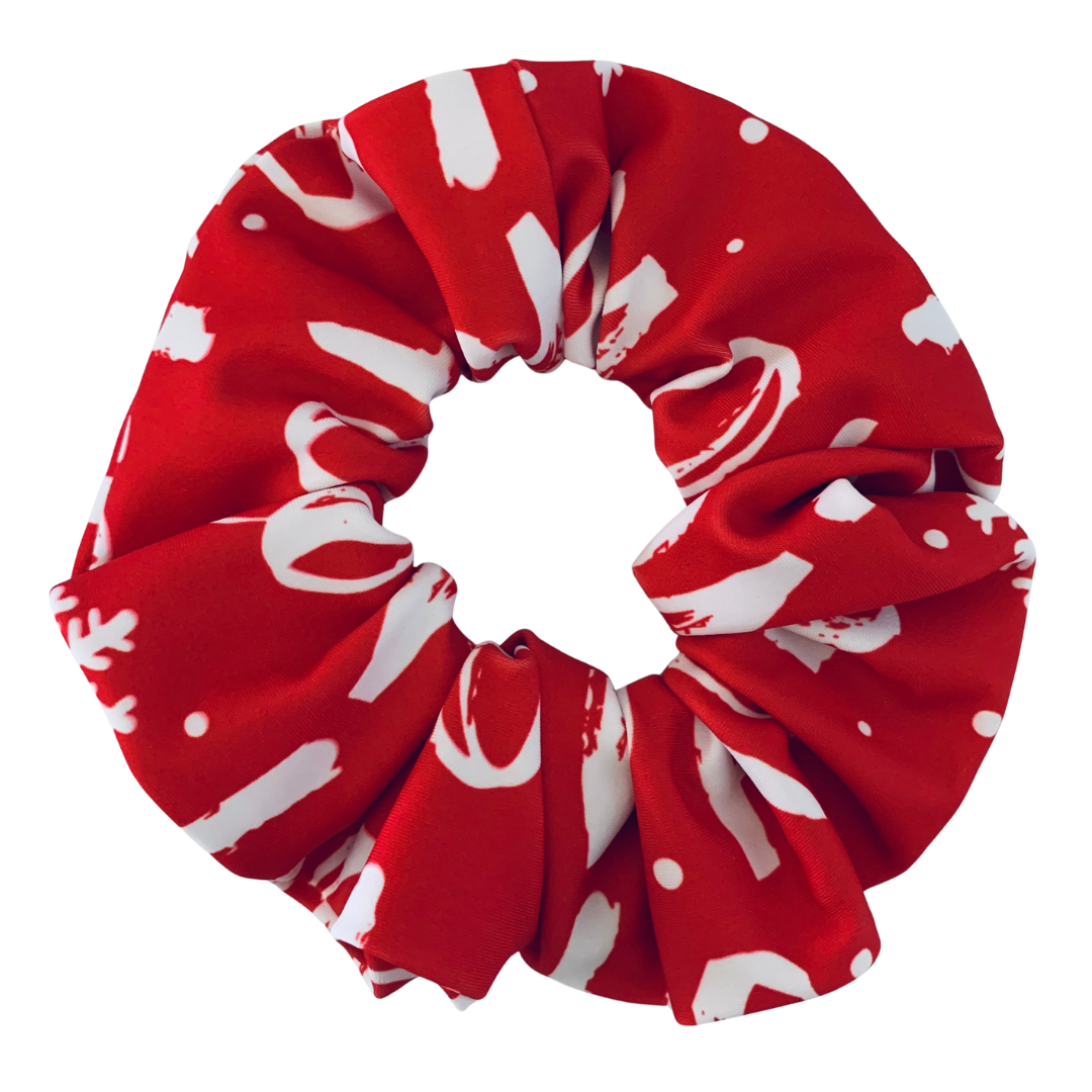 Christmas Red swim scrunchie with white ho ho ho patterns on a white background