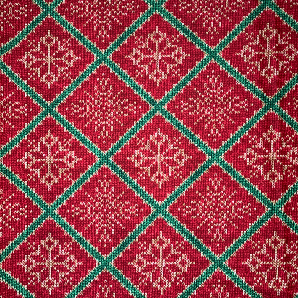 Red and green fabric pattern with snowflakes