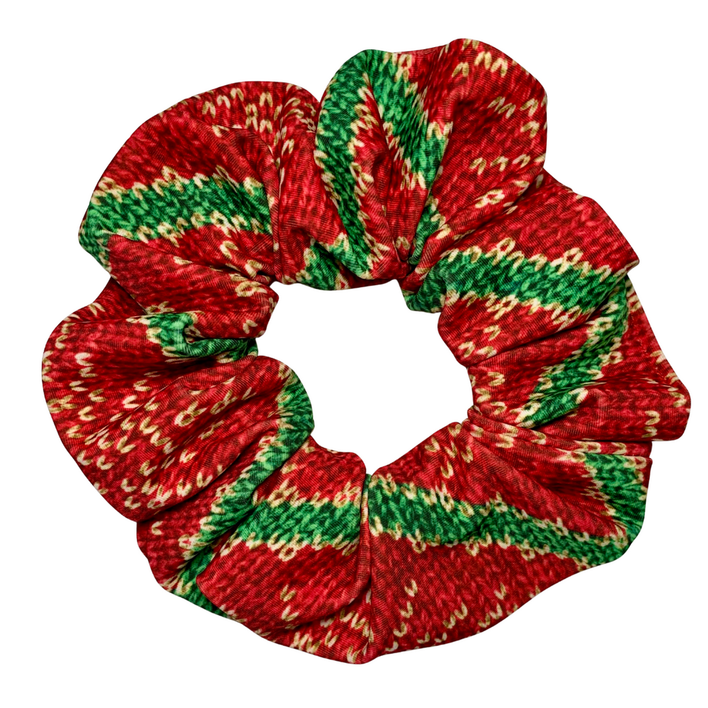 Red and green patterned scrunchie on a white background