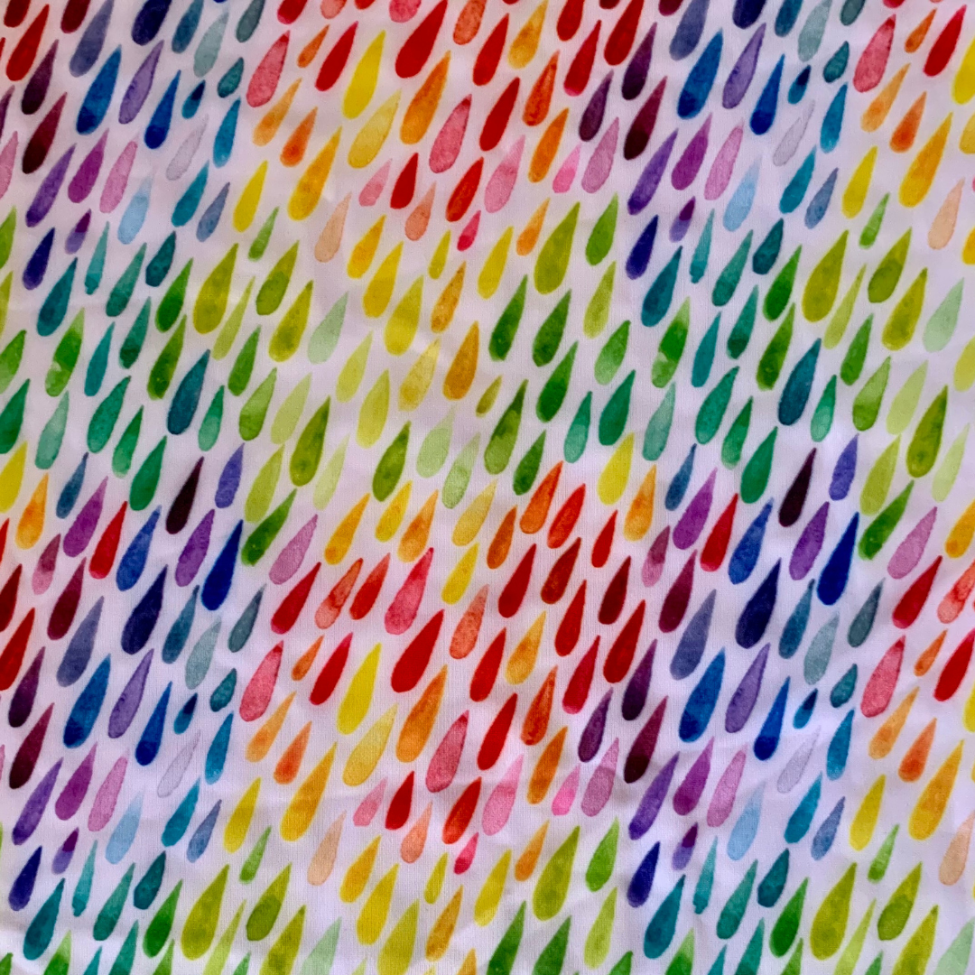 Pattern of colourful raindrop shapes on a white background