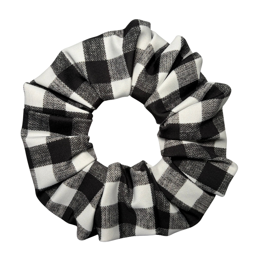 Black and white checkered scrunchie on a white background