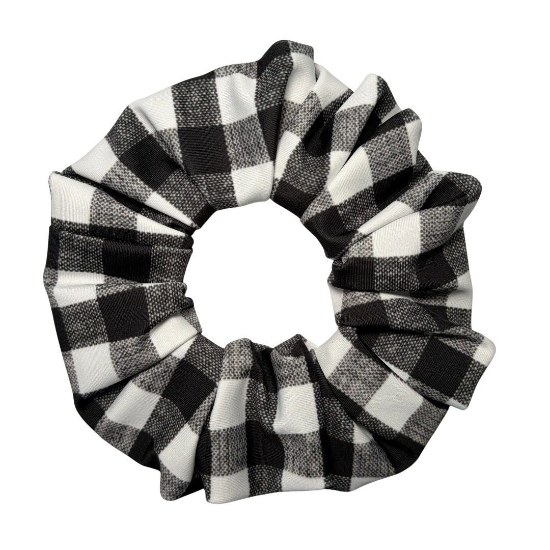 Black and white checkered scrunchie on a white background