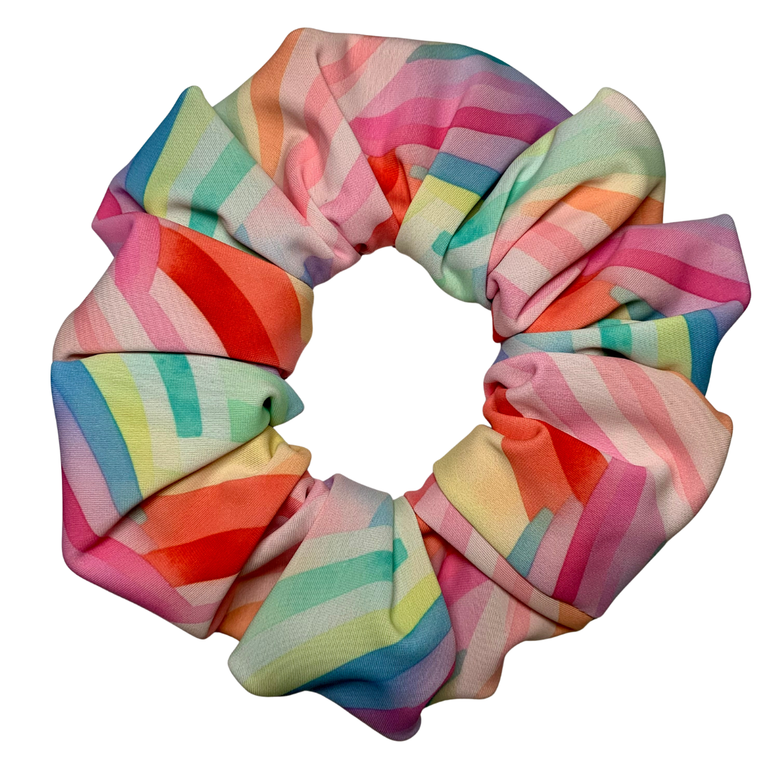 Multicolored striped scrunchie on a white background