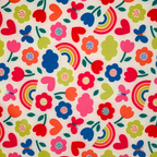 Colourful pattern of flowers, hearts, and rainbows on a white background