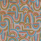 Patterned fabric with colourful abstract rainbow shapes on a pink background