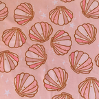 Pink swim scrunchie with seashells on a pink background
