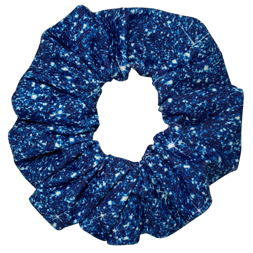 Blue printed sparkle swim scrunchie on a white background