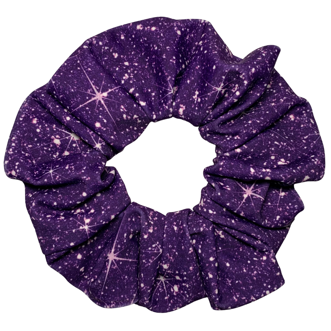 Purple printed sparkle swim scrunchie  on a white background