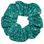 Teal printed sparkle swim scrunchie on a white background